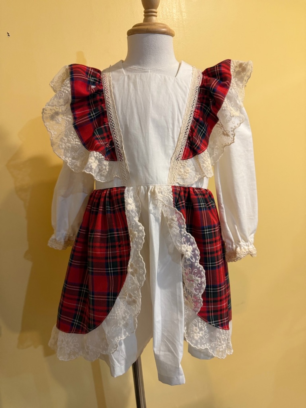 Girls' Red Tartan & White Lace Formal Dress